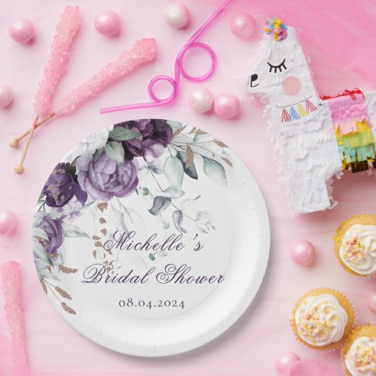 Paarse Bloemige Aquarel Elegante Bruidsuitnodiging Papieren Bordje (Feest)