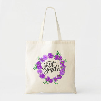 Paarse Bloemige Aquarel Krans - Gewoon Glimlachen Tote Bag
