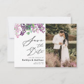 Paarse Bloemige Aquarel Script Foto Trouwfeest Save The Date (Voorkant)