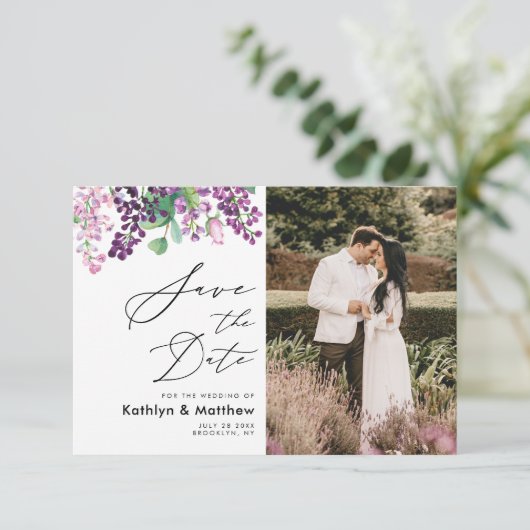 Paarse Bloemige Aquarel Script Foto Trouwfeest Save The Date (Staand voorkant)
