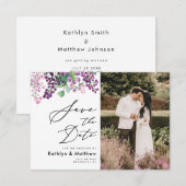 Paarse Bloemige Aquarel Script Foto Trouwfeest Save The Date (Voorkant / Achterkant)