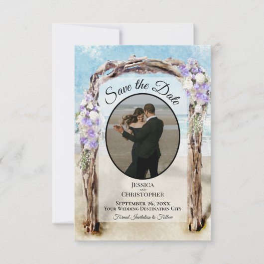 Paarse bloemige aquarel strandprieel foto bruiloft save the date (Voorkant)