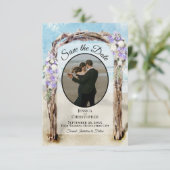 Paarse bloemige aquarel strandprieel foto bruiloft save the date (Staand voorkant)