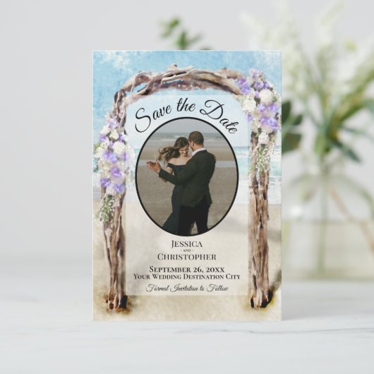 Paarse bloemige aquarel strandprieel foto bruiloft save the date (Staand voorkant)