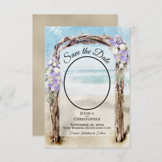 Paarse bloemige aquarel strandprieel foto bruiloft save the date (Voorkant / Achterkant)
