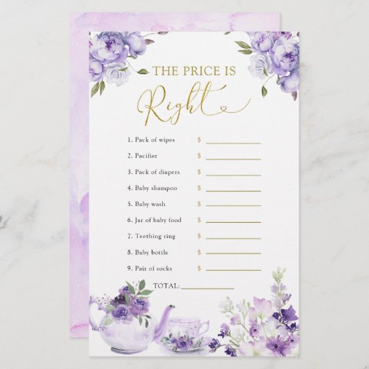 Paarse bloemige baby shower thee De prijs is goed (Voorkant / Achterkant)