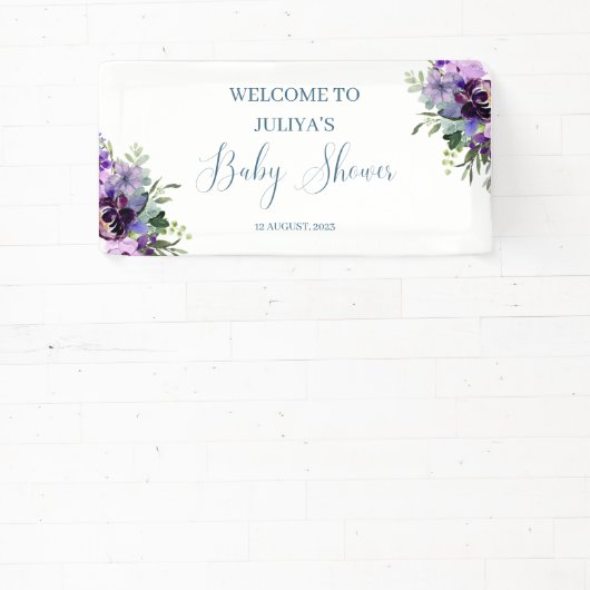 Paarse bloemige baby shower welkom spandoek (Insitu)