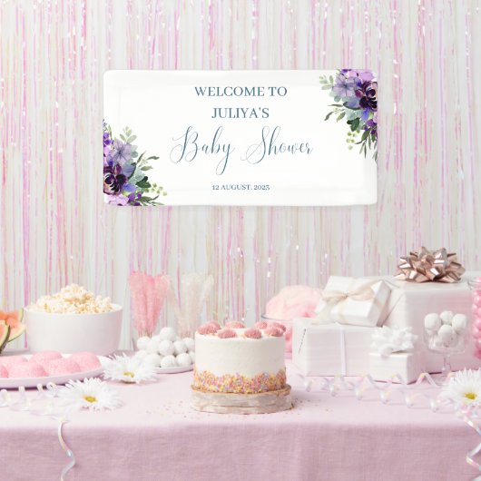 Paarse bloemige baby shower welkom spandoek (Feest)