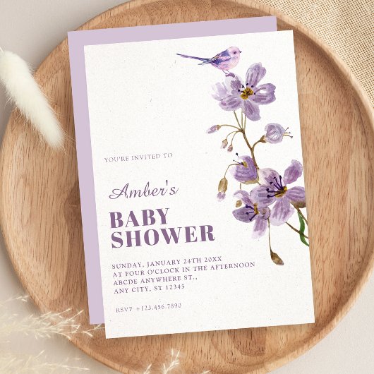 Paarse bloemige babyshower kaart