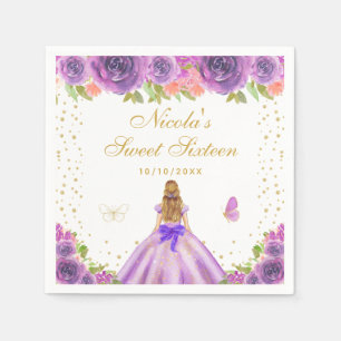 Paarse Bloemige Blond Haar Prinses Sweet Sixteen Servet