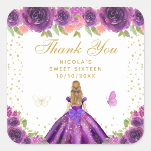 Paarse Bloemige Blond Haar Prinses Sweet Sixteen Vierkante Sticker