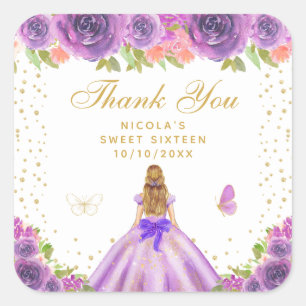 Paarse Bloemige Blonde Haren Prinses Sweet Sixteen Vierkante Sticker