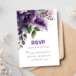 Paarse bloemige botanische elegante moderne bruilo RSVP kaartje