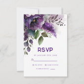 Paarse bloemige botanische elegante moderne bruilo RSVP kaartje (Voorkant)