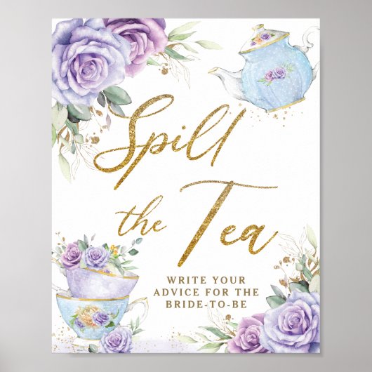 Paarse Bloemige Bruiloft Feest 'Spill The Tea' Poster (Voorkant)