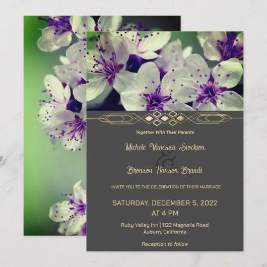 Paarse Bloemige Bruiloft Uitnodiging (Voorkant / Achterkant)