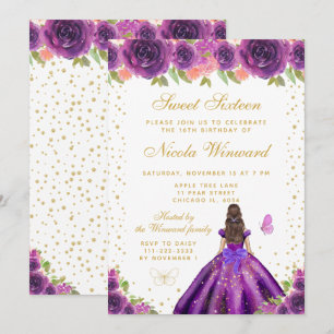 Paarse Bloemige Bruine Haar Prinses Sweet Sixteen Kaart