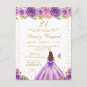 Paarse Bloemige Bruine Haar Prinses Verjaardag Briefkaart (Voorkant)