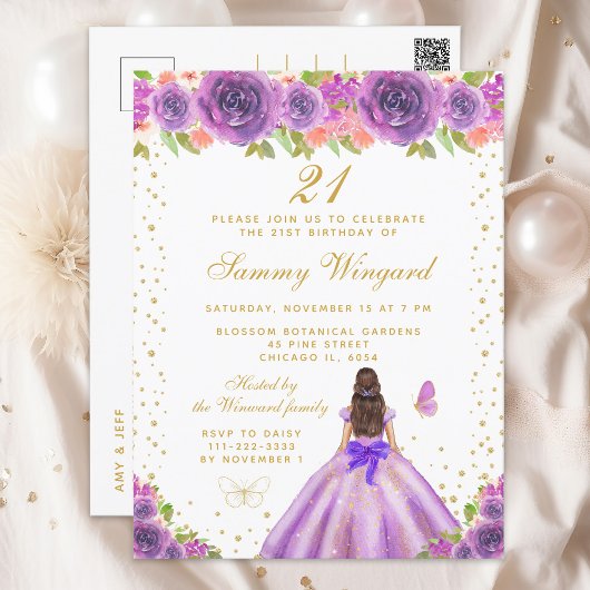 Paarse Bloemige Bruine Haar Prinses Verjaardag Briefkaart