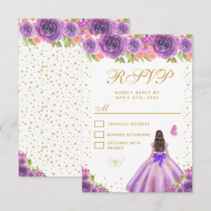 Paarse Bloemige Bruine Haren Prinses Sweet Sixteen RSVP Kaartje