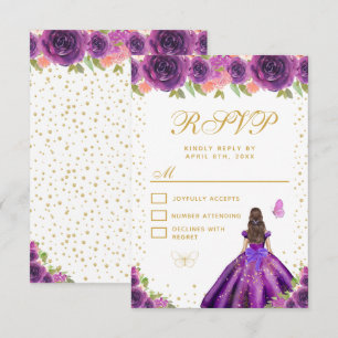 Paarse Bloemige Bruine Haren Prinses Sweet Sixteen RSVP Kaartje
