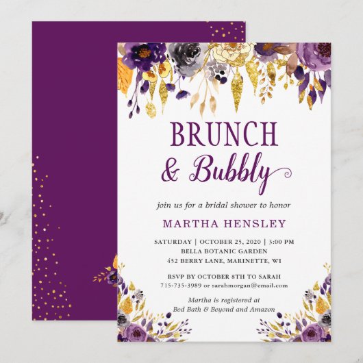 Paarse bloemige brunch en bubbels uitnodiging (Voorkant / Achterkant)