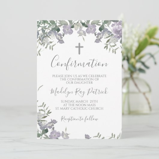 Paarse Bloemige Confirmatie  Kaart (Staand voorkant)