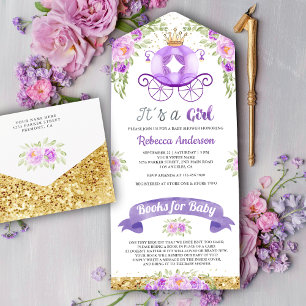 Paarse Bloemige Cute Prinses Carriage Baby Shower All In One Uitnodiging