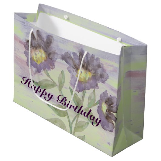 Paarse bloemige designer large cadeautasje (Voorkant Gekanteld)