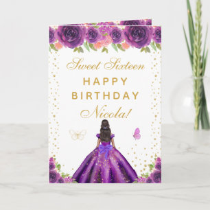 Paarse Bloemige Donkere Huid Meisje Sweet Sixteen Kaart