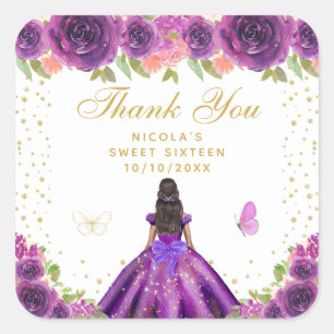 Paarse Bloemige Donkere Huid Prinses Sweet Sixteen Vierkante Sticker