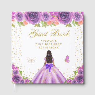 Paarse Bloemige Donkere Huid Prinses Verjaardagsfe Gastenboek