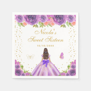 Paarse Bloemige Donkerharige Prinses Sweet Sixteen Servet