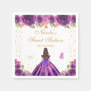 Paarse Bloemige Donkerharige Prinses Sweet Sixteen Servet