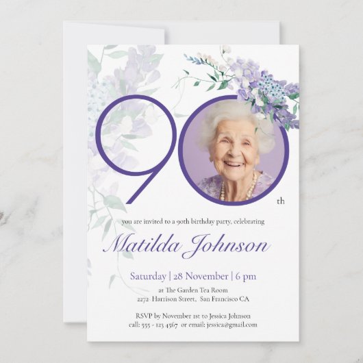 Paarse bloemige elegante aangepaste foto 90e verja kaart (Voorkant)