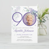 Paarse bloemige elegante aangepaste foto 90e verja kaart (Staand voorkant)