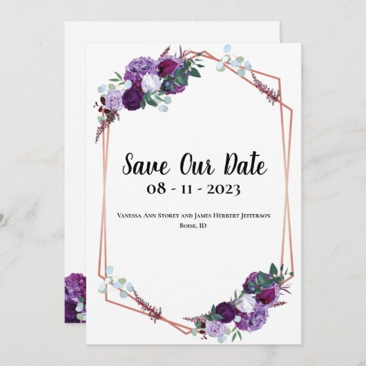 Paarse Bloemige Elegante Aankondiging Save the Dat (Voorkant / Achterkant)