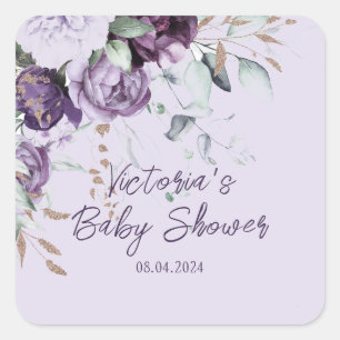 Paarse bloemige elegante Gepersonaliseerd Baby sho Vierkante Sticker