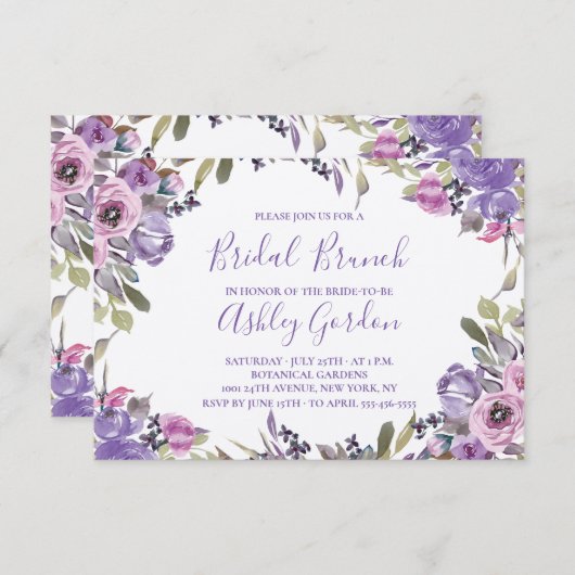 Paarse Bloemige Elegante Script Bruidsbrunch Kaart (Voorkant / Achterkant)