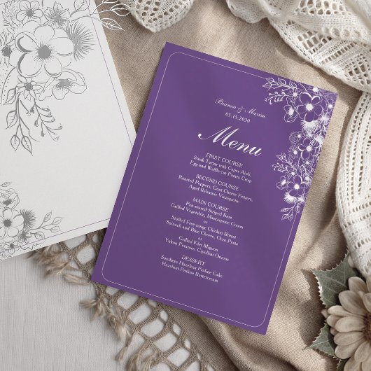 Paarse Bloemige Elegante Trouwdag Menu