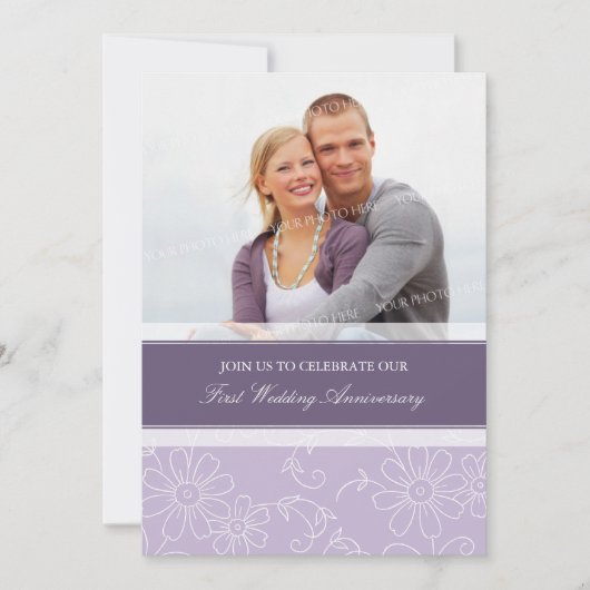 Paarse Bloemige Foto 1e Verjaardagsuitnodiging Kaart (Voorkant)
