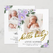 Paarse Bloemige Geboorteaankondiging Bedankkaart (Voorkant / Achterkant)
