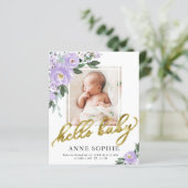 Paarse Bloemige Geboorteaankondiging Bedankkaart (Staand voorkant)