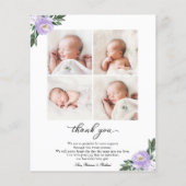 Paarse Bloemige Geboorteaankondiging Bedankkaart (Achterkant)