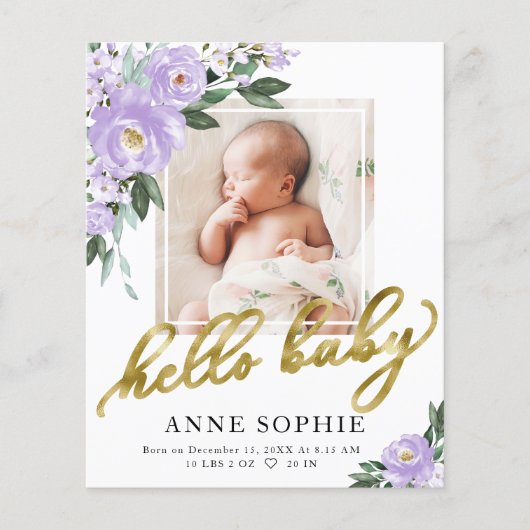Paarse Bloemige Geboorteaankondiging Bedankkaart (Voorkant)