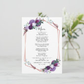 Paarse bloemige geometrische huwelijksreceptie menu (Staand voorkant)