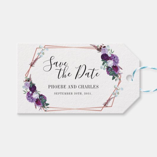 Paarse bloemige geometrische Lijst Save the Date L Cadeaulabel (Voorkant (Horizontaal))