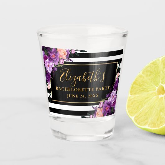 Paarse Bloemige Gestreepte Bachelorette-feest Goud Shot Glas (Voorkant)