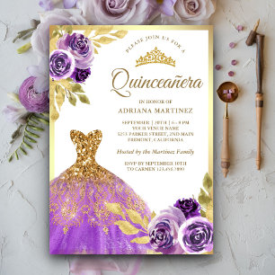 Paarse Bloemige Glitter Jurk Gouden Quinceanera Kaart