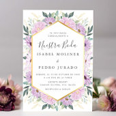 Paarse Bloemige Gouden Bladeren Nuestra Boda Trouw Kaart